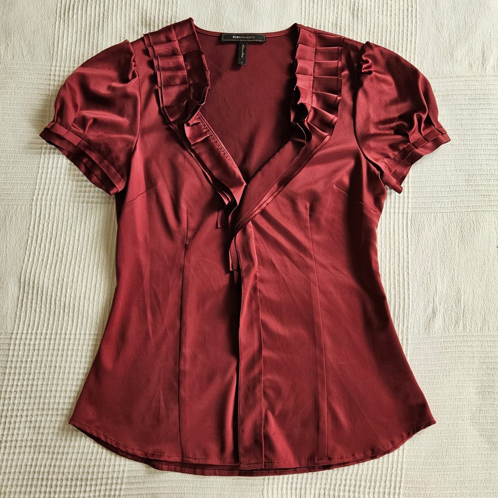 BCBGMAXAZRIA Red Satin Ruffle V Neck Short Sleeve Victorian Gothic Top Women S